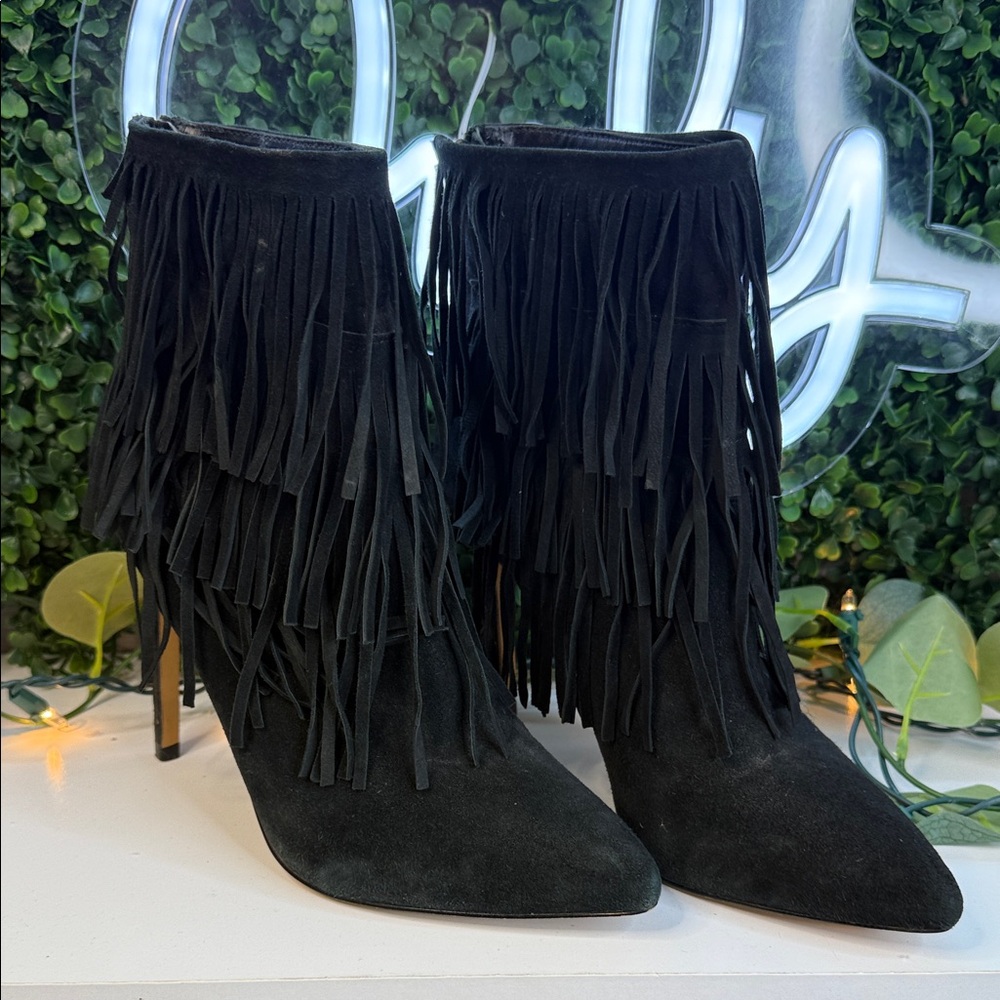 Steve Madden Black Fringe Heeled Boots